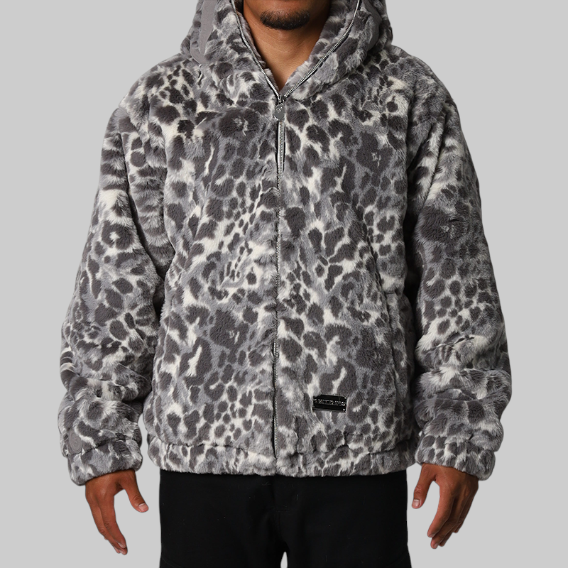 Wild Leopard Pattern Faux Fur Shark Full Zip Jacket - Grey – LOADED