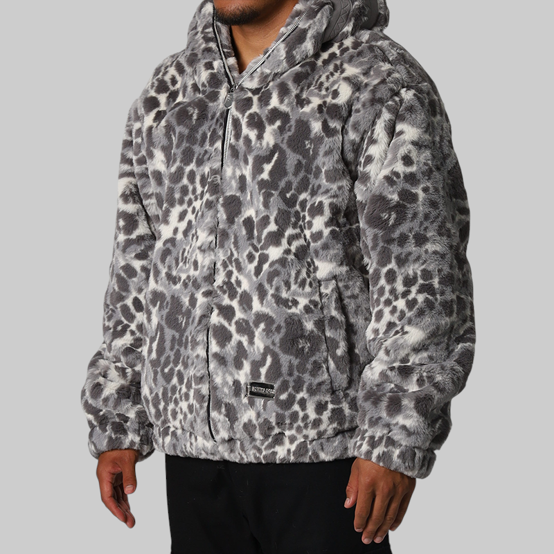Wild Leopard Pattern Faux Fur Shark Full Zip Jacket - Grey – LOADED