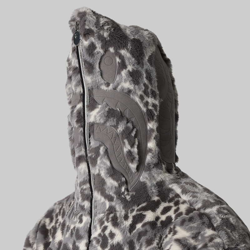 Wild Leopard Pattern Faux Fur Shark Full Zip Jacket - Grey – LOADED