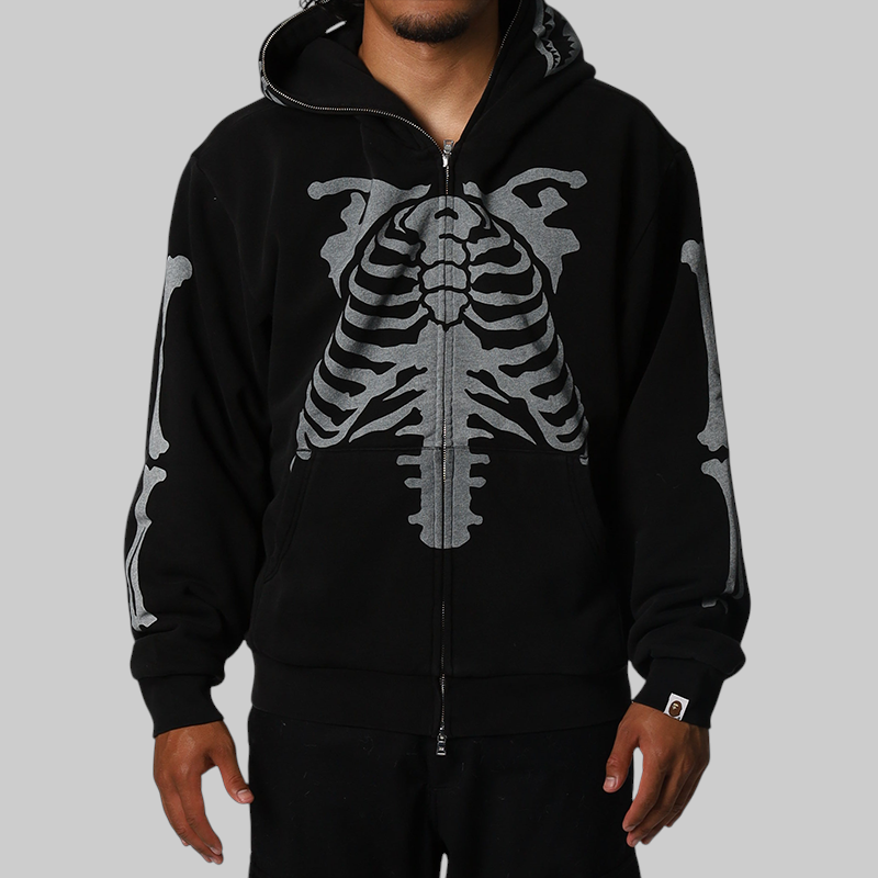 Skeleton Shark Heavy Washed Full Zip Hoodie - Black – LOADED