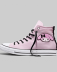 A light pink high-top canvas sneaker featuring a My Melody character graphic on the side, black laces, a white rubber toe cap and sole, and black studs along the outer heel edge, shown against a solid gray background.