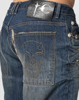 Skull Stitch Ripped Denim Pant - Blue