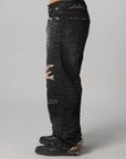 Skull Stitch Ripped Denim Pant - Black