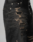Skull Stitch Ripped Denim Pant - Black