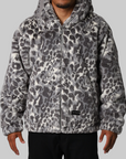 Wild Leopard Pattern Faux Fur Shark Full Zip Jacket - Grey