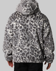 Wild Leopard Pattern Faux Fur Shark Full Zip Jacket - Grey
