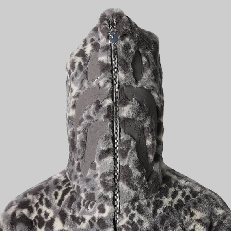 Wild Leopard Pattern Faux Fur Shark Full Zip Jacket - Grey