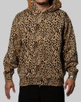 Wild Leopard Pattern Shark Relaxed Fit Full Zip Hoodie - Beige
