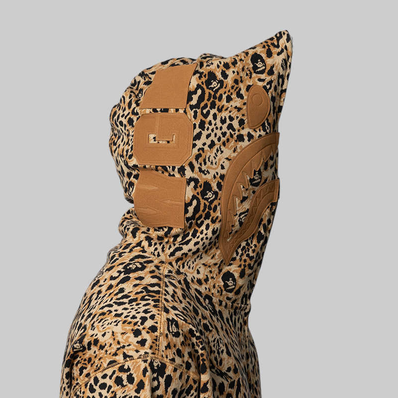 Wild Leopard Pattern Shark Relaxed Fit Full Zip Hoodie - Beige