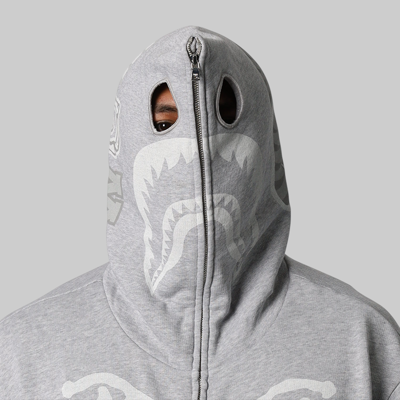 Skeleton Shark Heavy Washed Full Hoodie - Grey