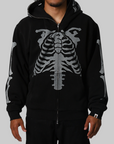 Skeleton Shark Heavy Washed Full Zip Hoodie - Black
