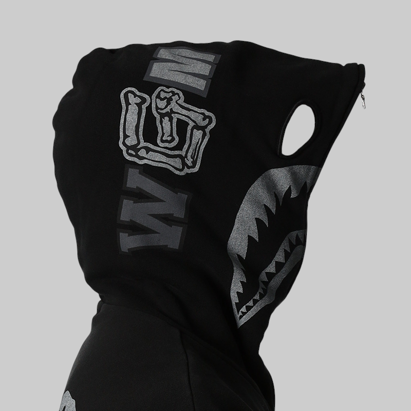 Skeleton Shark Heavy Washed Full Zip Hoodie - Black