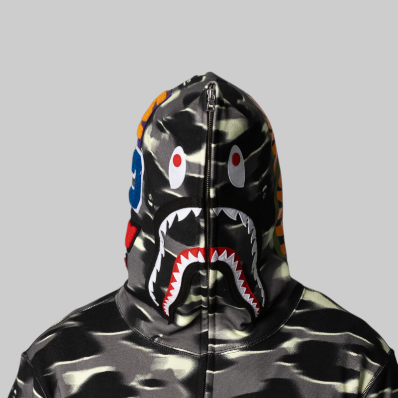 Screen Camo Shark Relaxed Fit Full Zip Hoodie - Black