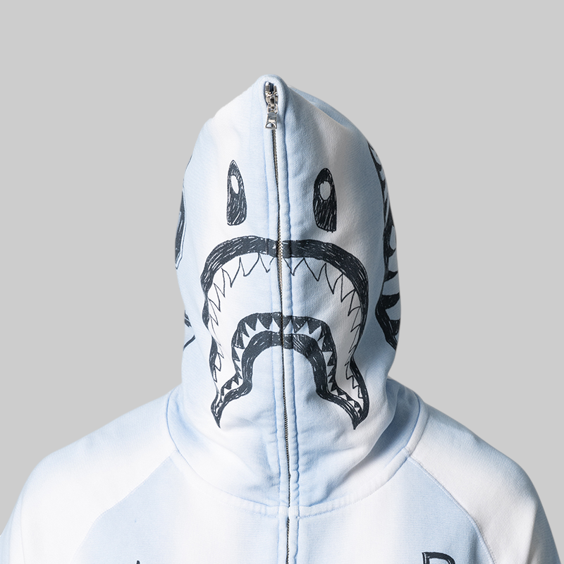 Hand Draw Football Shark Relaxed Fit Full Zip Hoodie - White