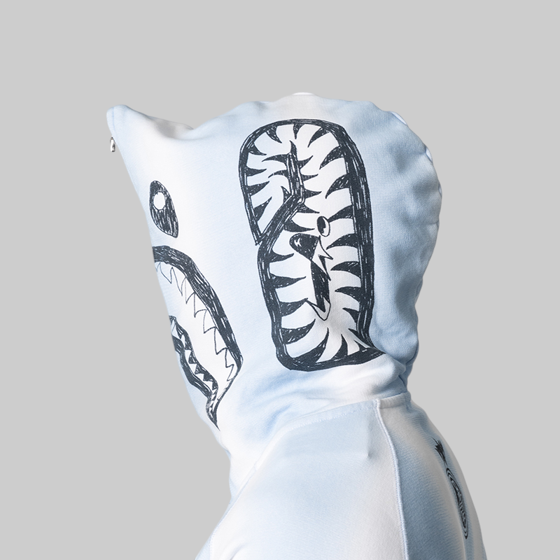 Hand Draw Football Shark Relaxed Fit Full Zip Hoodie - White
