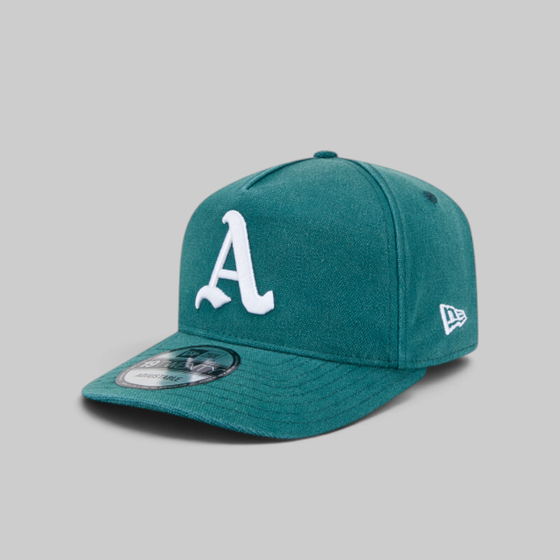 A teal green baseball cap with a white embroidered letter 'A' on the front and a white New Era logo on the side, shown on a neutral gray background.