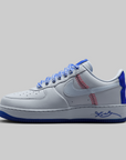 Nike Kobe Air Force 1 Low Protro Dodgers IQ3920-001 — lateral side view of white leather low-top with red baseball stitch detailing on Swoosh, blue rope laces and royal blue outsole