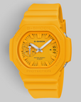 A G-Shock analog watch in a vibrant yellow colorway, featuring a matching yellow resin case and strap, with a yellow dial and white hands and markers.
