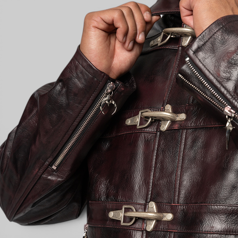 Red Washed Bio Soldier Leather Jacket - Black