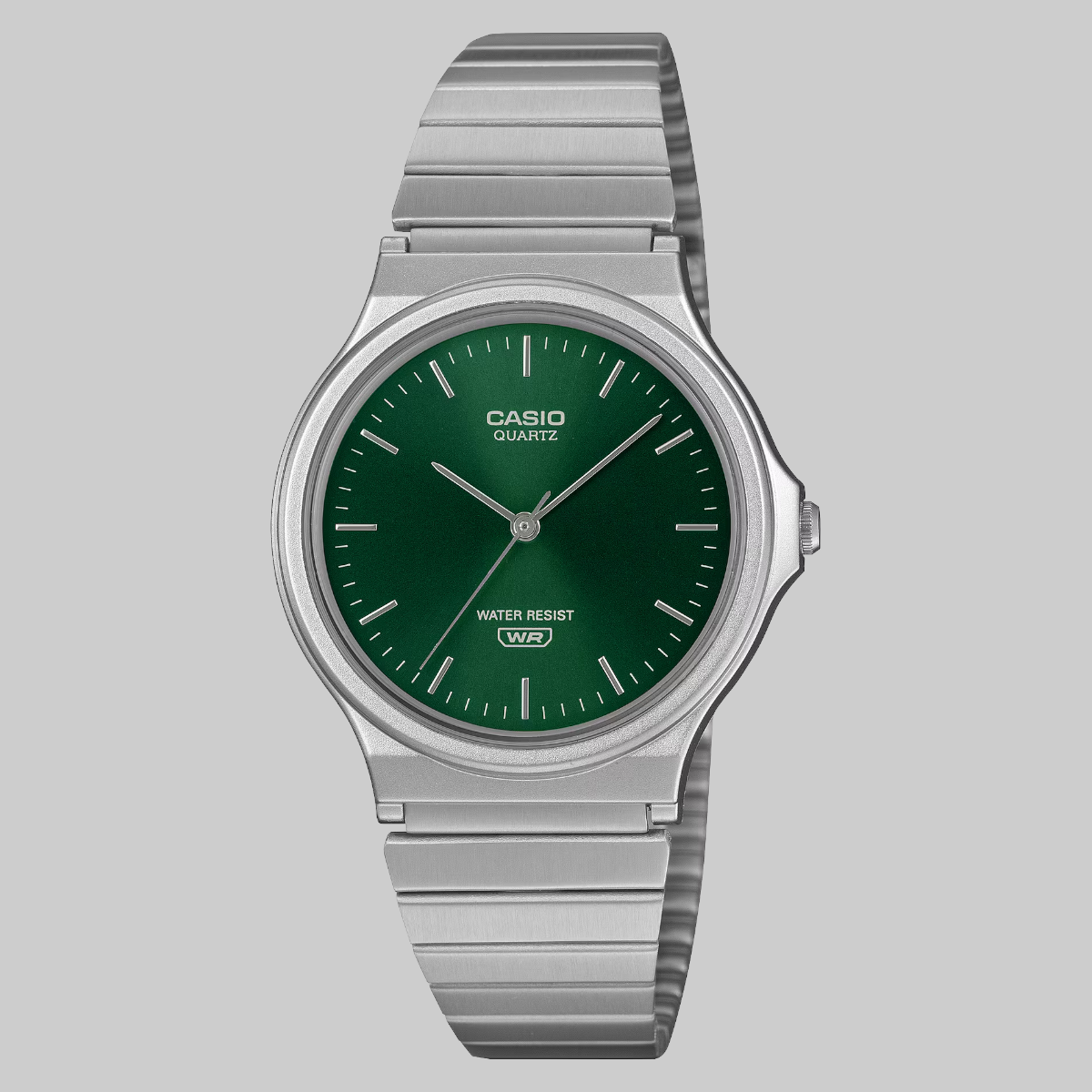 A Casio quartz watch with a silver-toned metal link bracelet and a dark green dial, shown against a solid gray background.