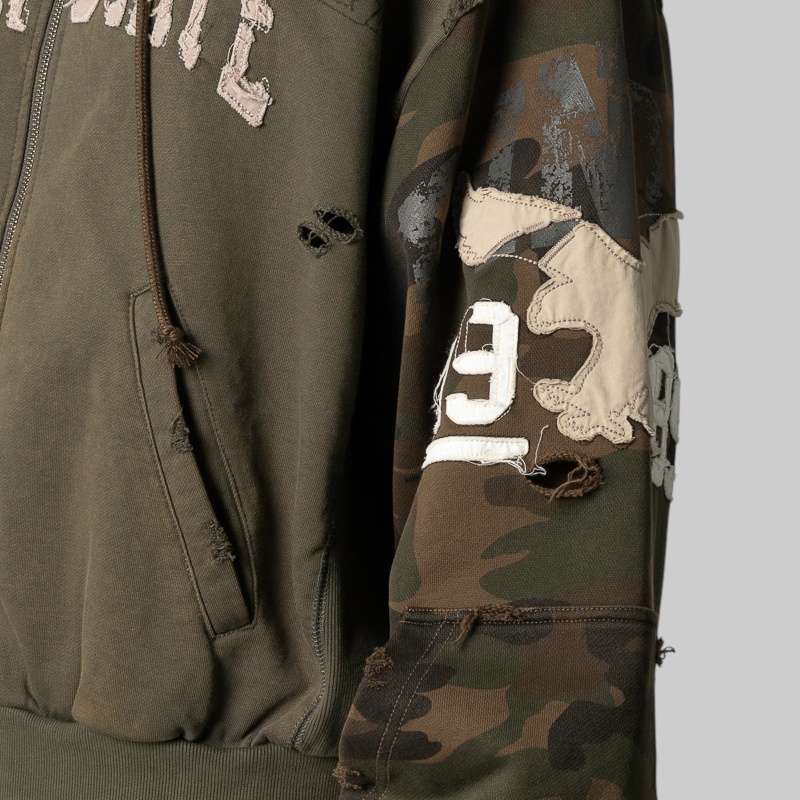 Reconstructed Applique Sweatshirt Zip Hoodie - Camo