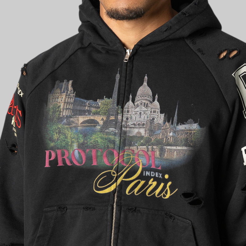 Paris Reconstructed Folded Zip Hoodie - Black