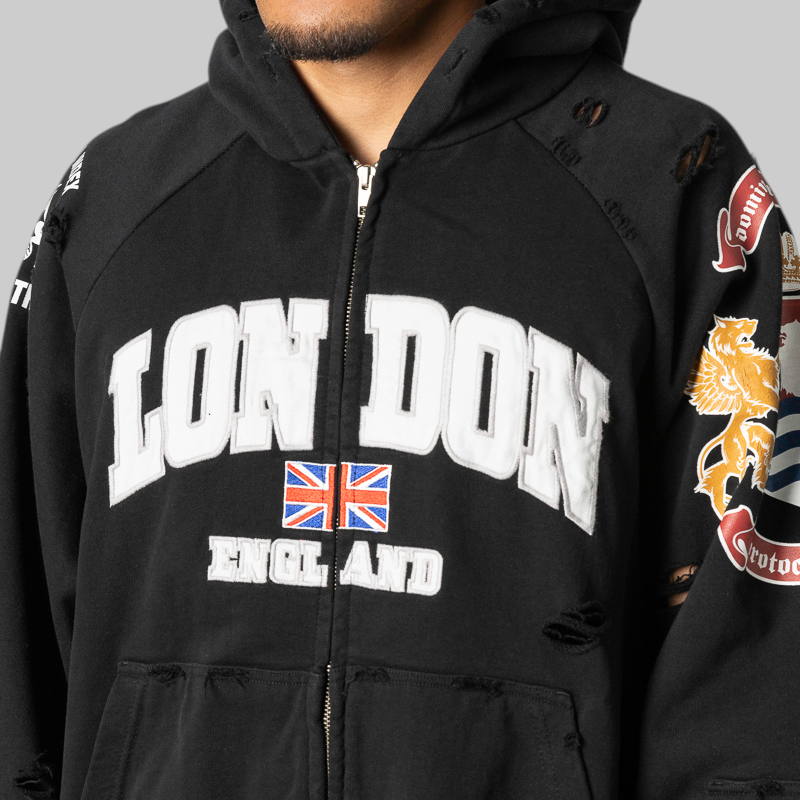 London Reconstructed Folded Zip Hoodie - Black