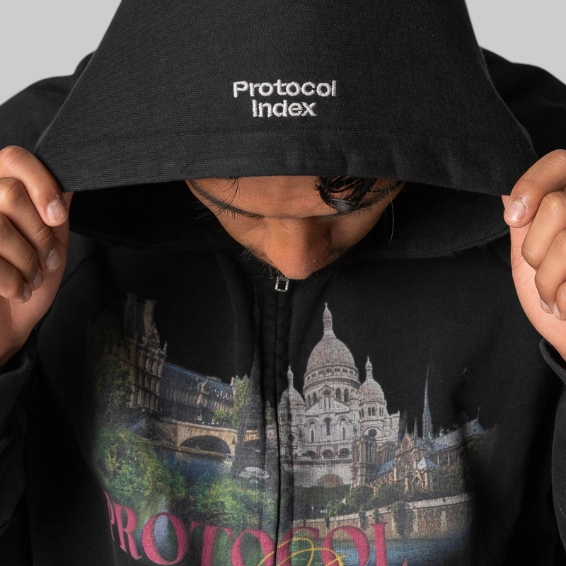 Paris Reconstructed Folded Zip Hoodie - Black