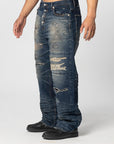 Skull Stitch Ripped Denim Pant - Blue