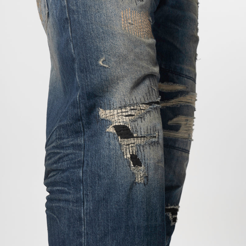 Skull Stitch Ripped Denim Pant - Blue