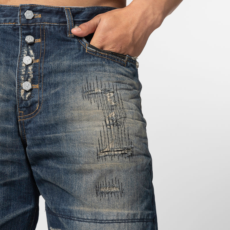 Skull Stitch Ripped Denim Pant - Blue
