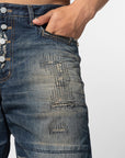 Skull Stitch Ripped Denim Pant - Blue