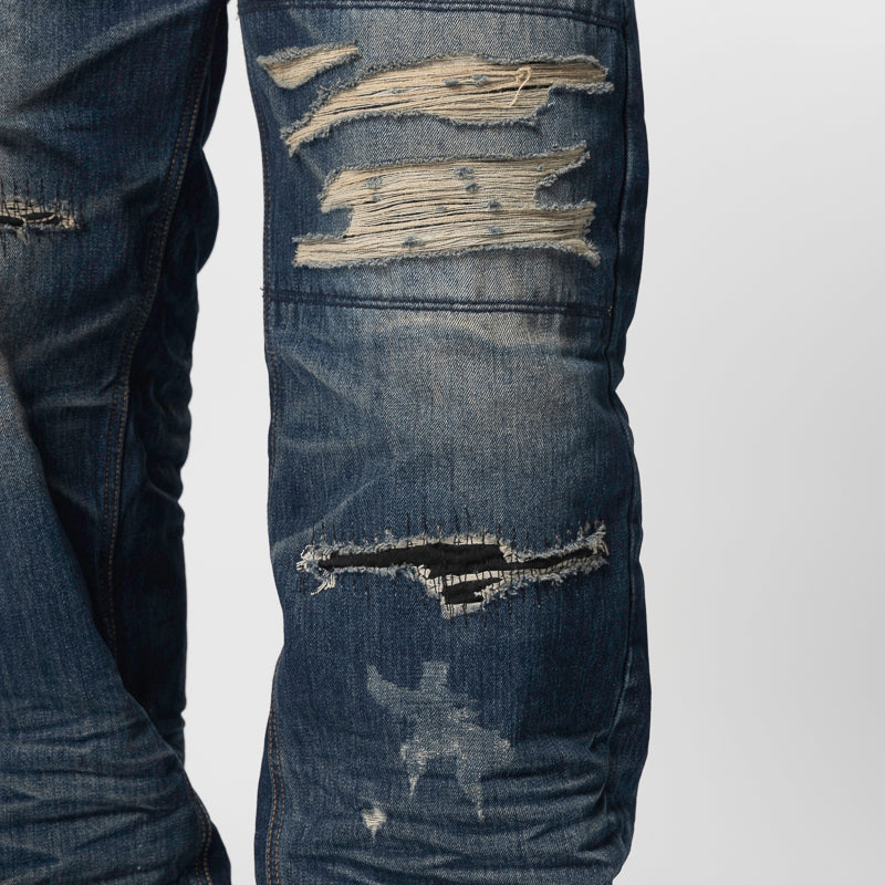 Skull Stitch Ripped Denim Pant - Blue