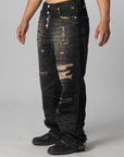 Skull Stitch Ripped Denim Pant - Black