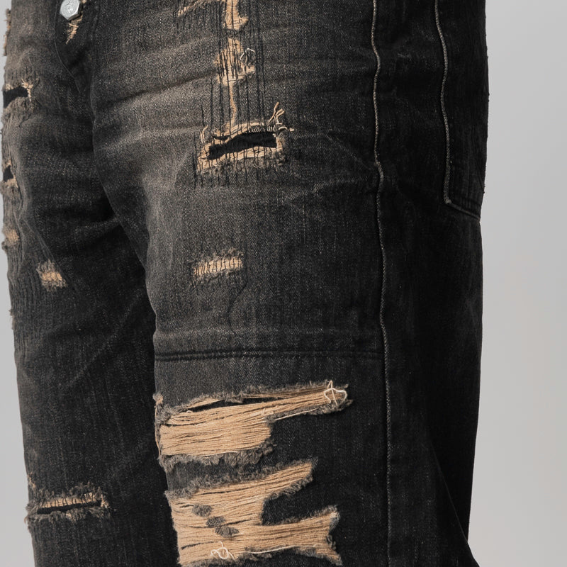 Skull Stitch Ripped Denim Pant - Black