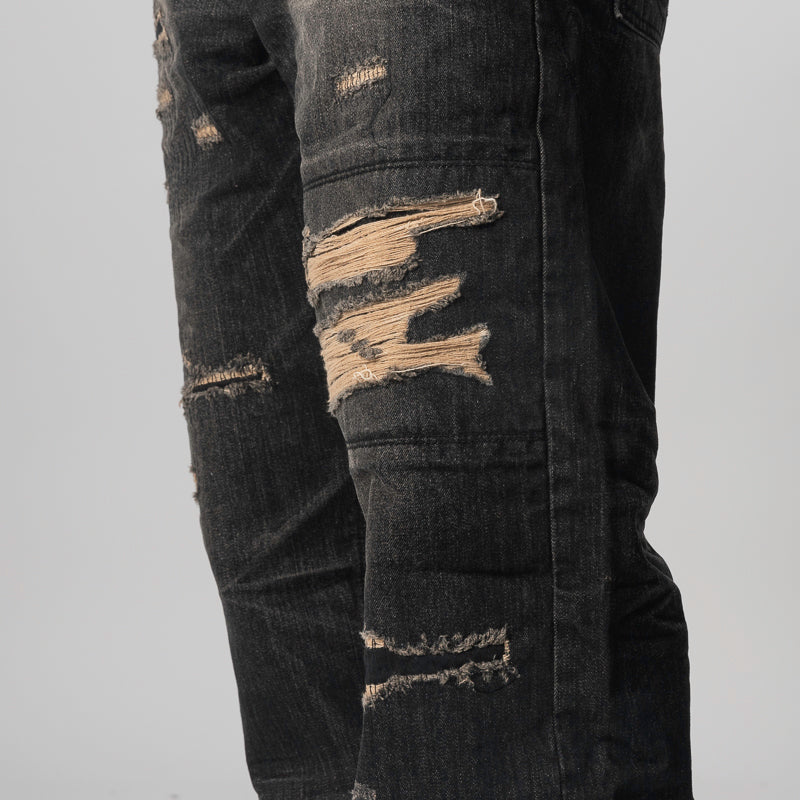 Skull Stitch Ripped Denim Pant - Black