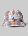 A structured baseball cap featuring a blue, brown, and white plaid pattern with a light blue embroidered letter 'A' on the front, set against a solid gray background.