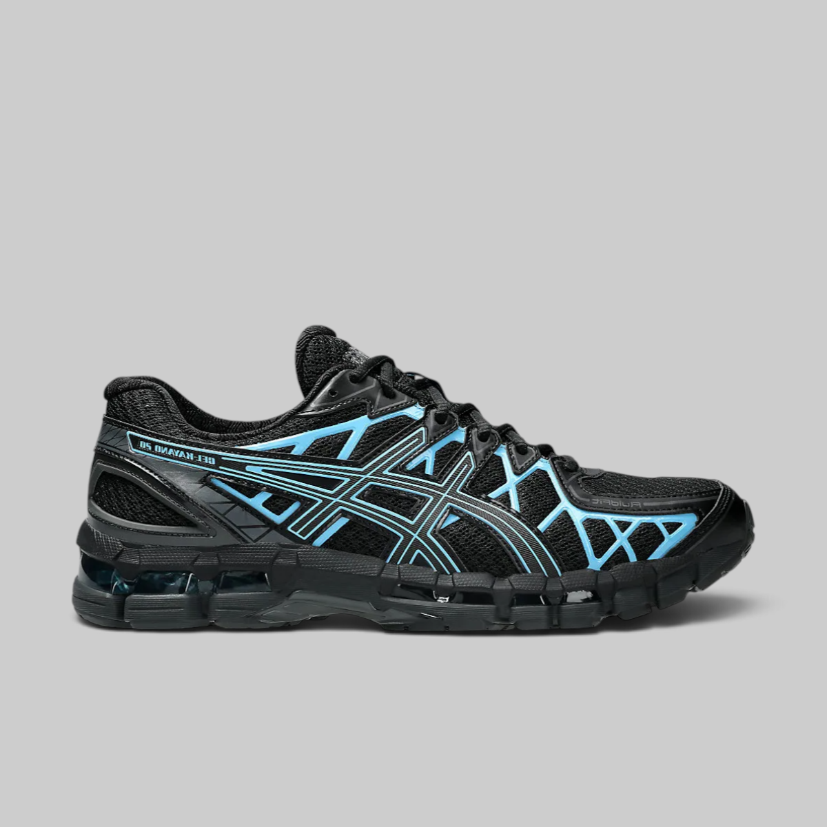 A black ASICS Gel-Kayano running shoe with bright light blue accents and white branding stripes, shown from a side profile on a solid gray background.