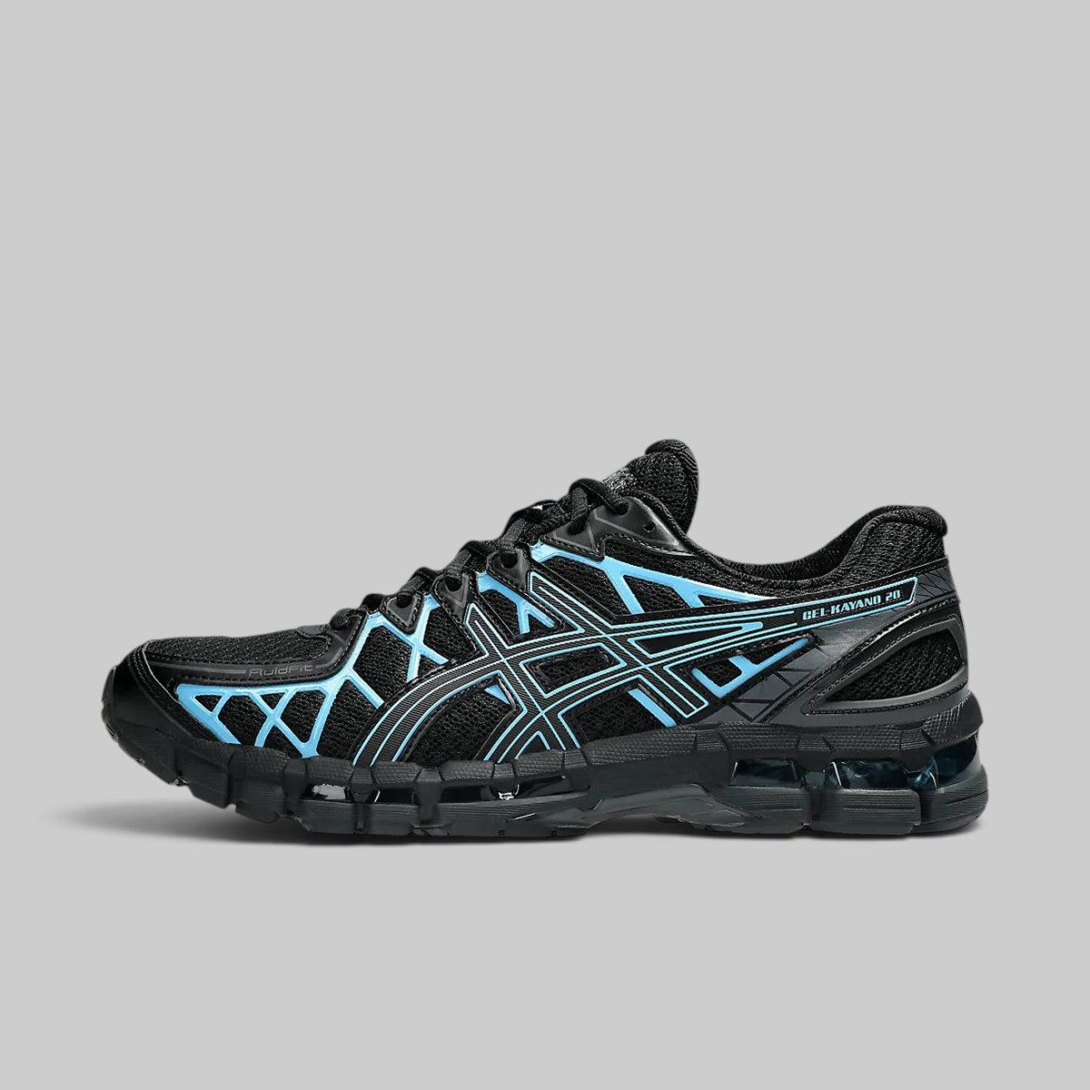 A black ASICS Gel-Kayano running shoe with bright blue accents on the side stripes and overlays, shown in a side profile against a solid gray background.