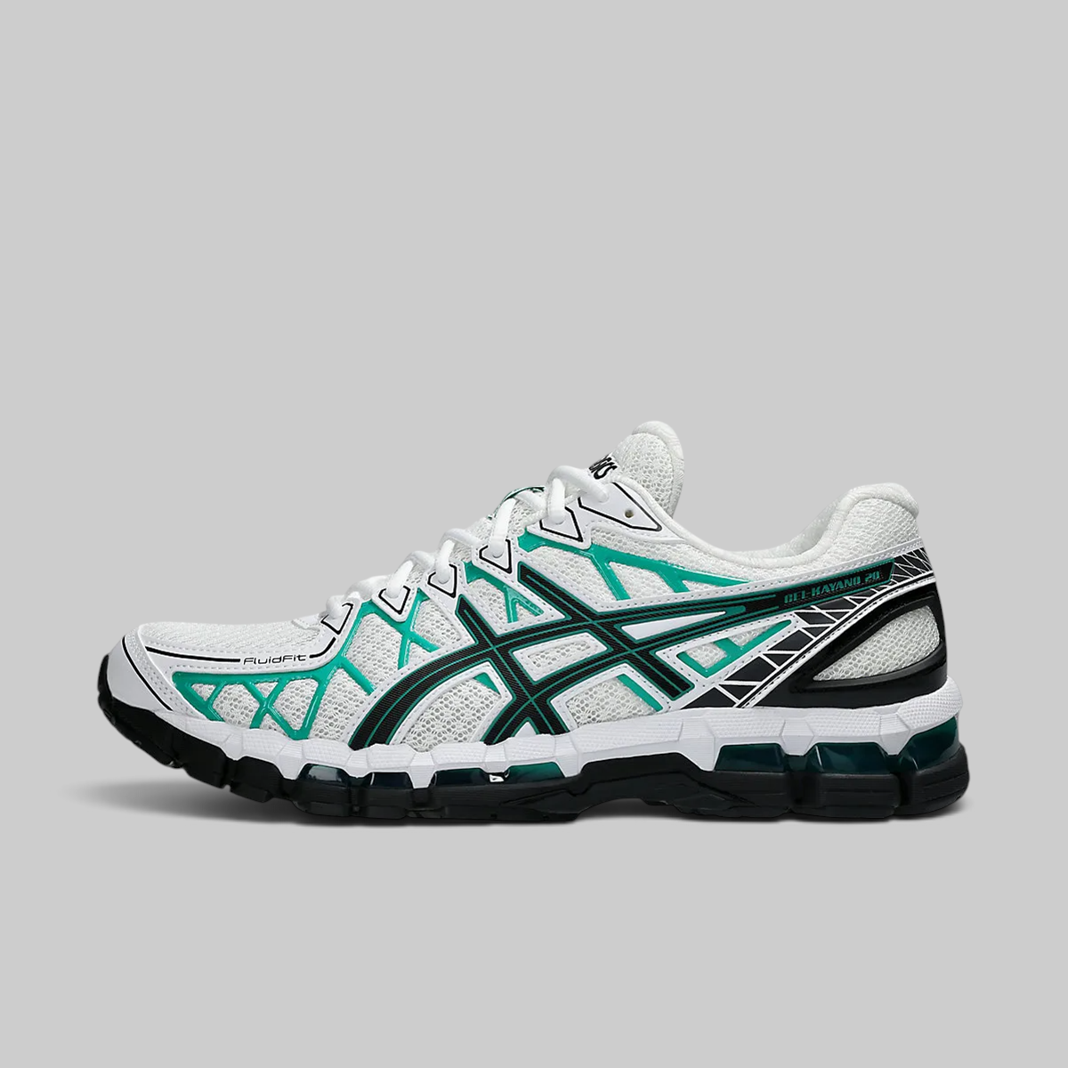 A white ASICS sneaker with dark green and teal accents, featuring the brand's signature stripe design, shown in a side profile on a solid gray background.
