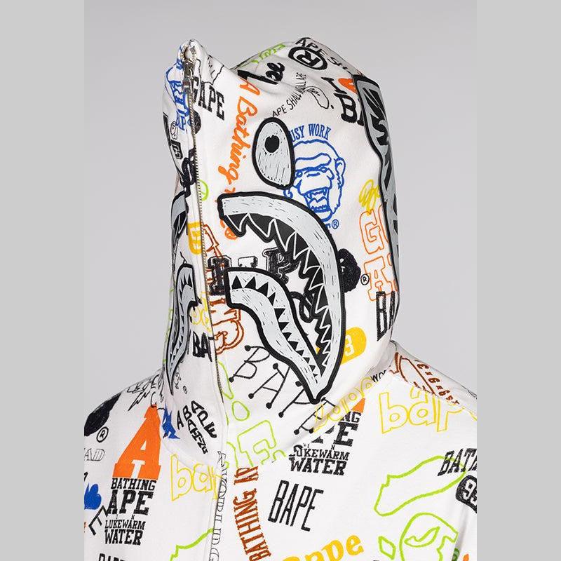 Hand Draw Pattern Shark Zip Hoodie - White - LOADED