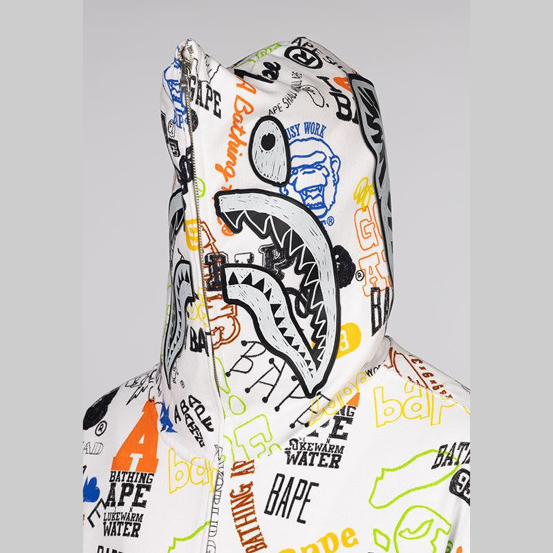 Hand Draw Pattern Shark Zip Hoodie - White - LOADED