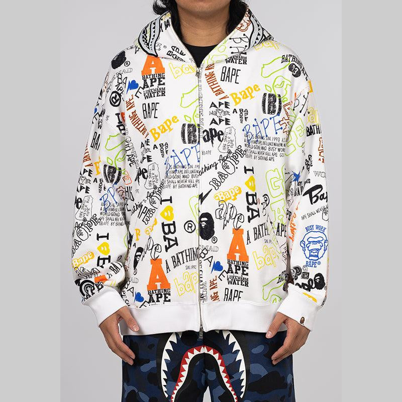 Hand Draw Pattern Shark Zip Hoodie - White - LOADED