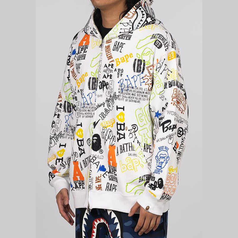 Hand Draw Pattern Shark Zip Hoodie - White - LOADED