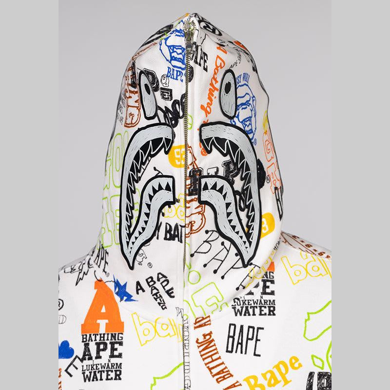 Hand Draw Pattern Shark Zip Hoodie - White - LOADED