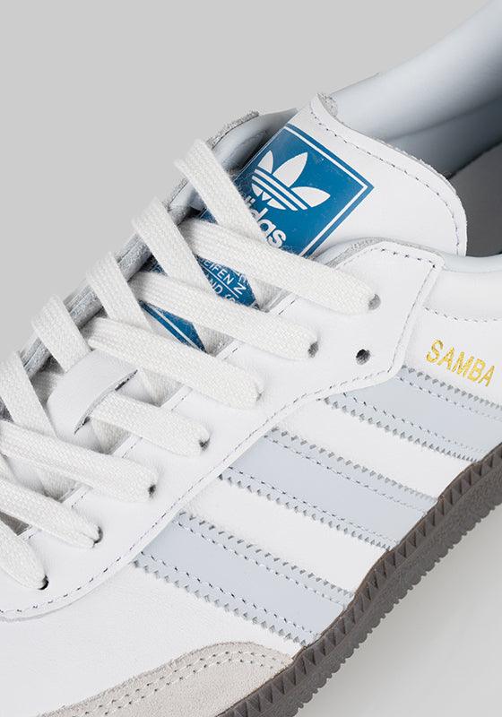 White and clearance blue sambas